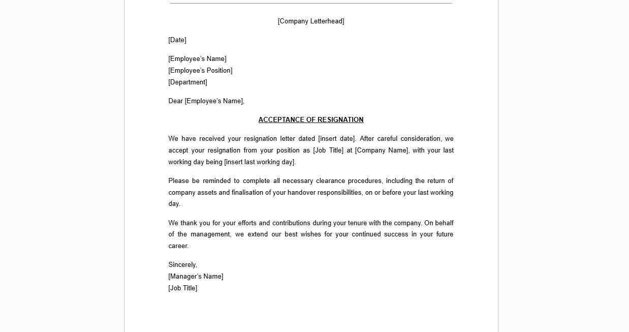 Acceptance of Resignation Letter Template